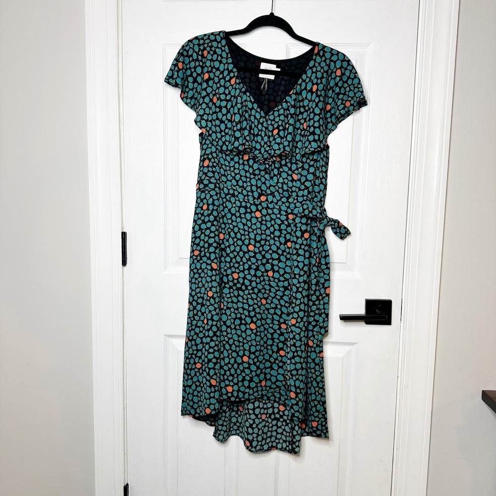 HD in Paris Anthro‎ Teal Blue & Orange Print V Neck Midi Dress Size 10 Wrap Tie